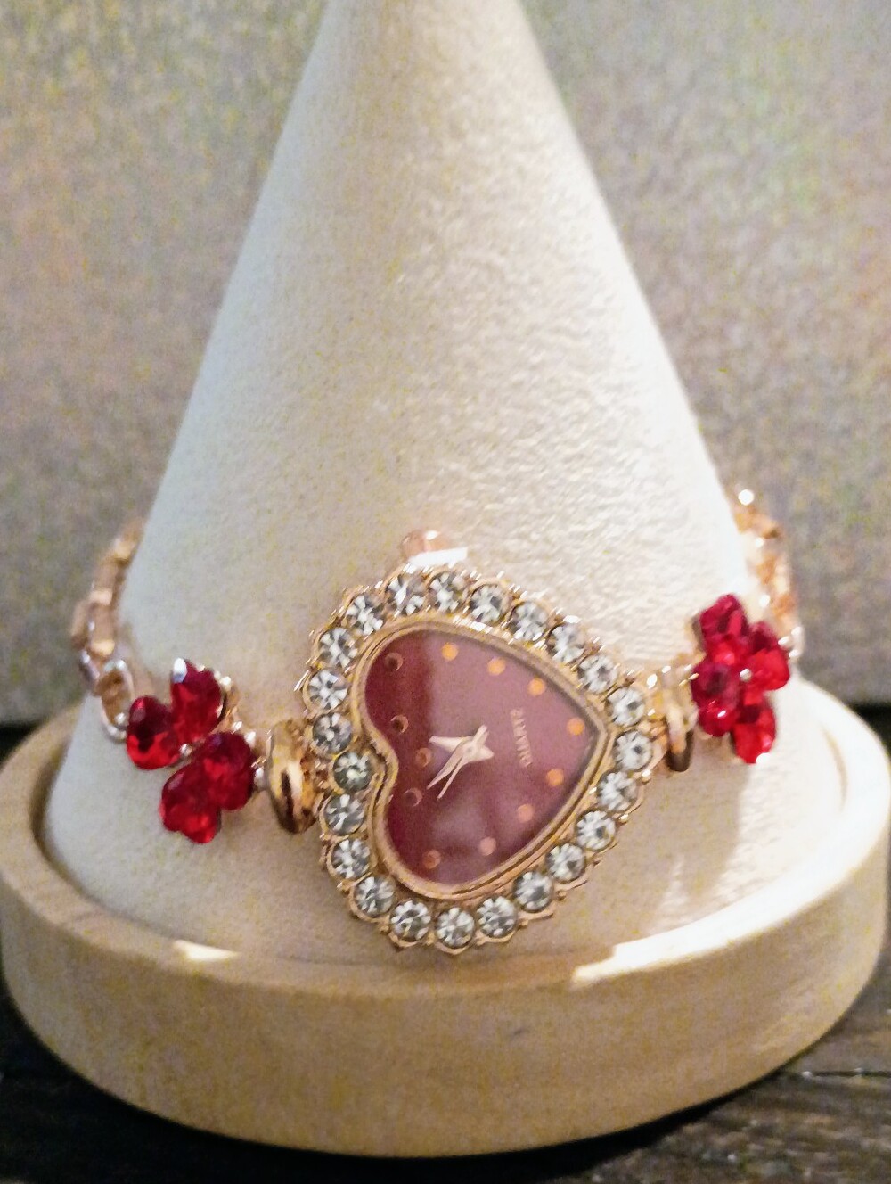New Gold-Tone Heart Watch Bracelet with Red Accents